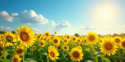 Obraz premium tall golden yellow sunflower fields on a sunny summer day, outdoors, greenery
