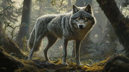 Fototapeta premium Majestic wolf in misty forest, sunrise light, nature scene, wildlife