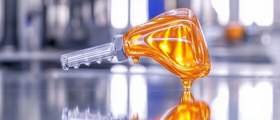 Golden Liquid Dripping From Transparent Container In Industrial Setting