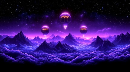 Fototapeta premium Ethereal Purple Nebula Landscape with Glowing Celestial Globes and Misty Mountains
