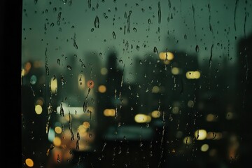 Naklejka premium Rainy day window view with droplets creating patterns on the glass and blurry city lights visible beyond.