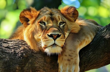 Majestic lion resting on a tree branch in a tranquil forest setting.