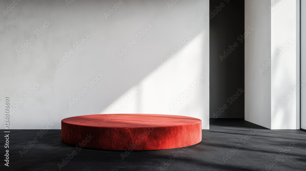 Poster 3d red studio with podium. abstract room background with stage for luxury display on floor. minimal 