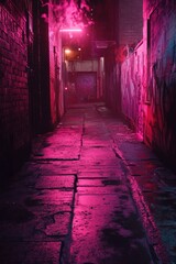 Obraz premium Pink-lit urban alleyway at night; graffiti; mystery; background blur; website/game backdrop