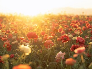 Obraz premium Field of flowers with the sun shining on them.