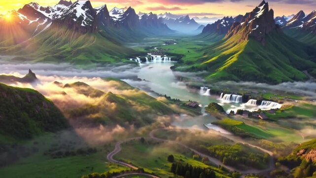 Aerial view of mountains and hills during golden sunset, Masca Mountain Road, Aerial panorama over idyllic rural landscape golden sunset