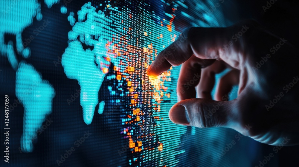 Poster interactive digital map with human hand touching countries, illuminating global data visualizations 