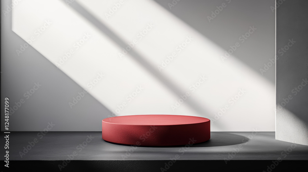 Poster 3d red studio with podium. abstract room background with stage for luxury display on floor. minimal 