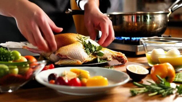 Table display of various chicken recipes with ingredients, Various spices, Food knolling featuring various verbs, Preparing Traditional Christmas Duck