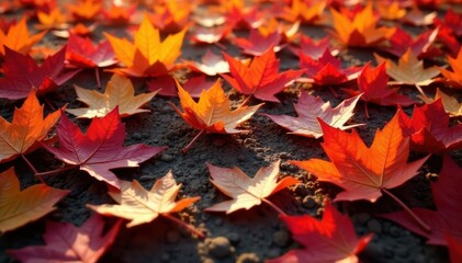 Vibrant red, orange, yellow leaves scattered on ground, landscape, fall foliage