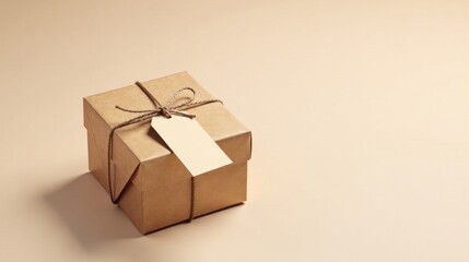 Fototapeta premium A Simple Brown Gift Box Tied with Twine and a Blank Tag Ready for Personalization