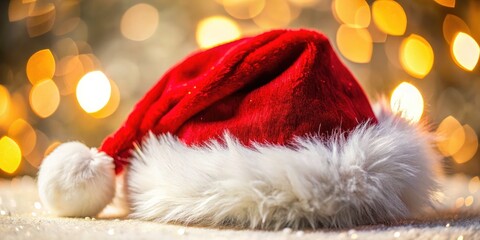 Macro view reveals the cozy texture of a Christmas Santa hat; red and white holiday spirit.