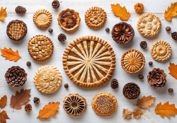 Obraz premium Assorted Beautifully Crafted Pies Displayed with Autumn Leaves and Pine Cones on White Wooden Surface