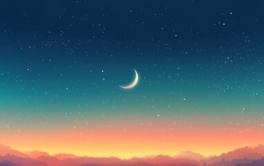Fototapeta premium Crescent moon and stars over a colorful sunset landscape.