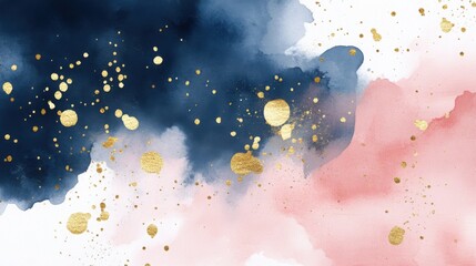 Abstract gold-accented watercolor background with navy and blush pink hues