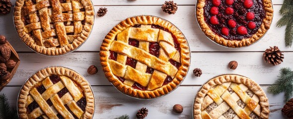 Assorted Delicious Pies with Lattice Crust and Berries on Rustic Wooden Background Surrounded by Nuts and Pine Cones