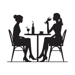 Woman sitting alone at table and drinking silhouette vector illustration
