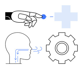 Robotic hand interacting with a healthcare icon, human head illustrating airflow, and gear symbolizing mechanisms. Ideal for AI, robotics, healthcare, technology, innovation, medical solutions