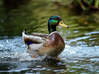 Obraz premium Beautiful mallard duck splashing in a tranquil pond surrounded by nature.