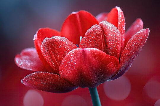 Close-up of a vibrant red flower with dew drops against a blurred colorful background - Powered by Adobe