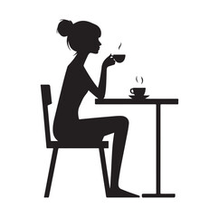 Woman sitting alone at table and drinking silhouette vector illustration