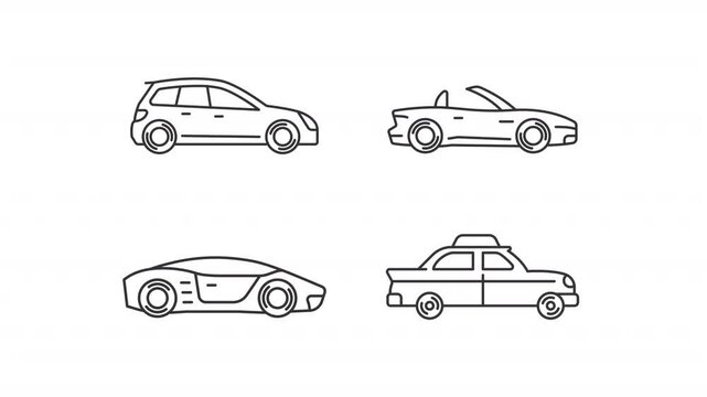 Animated car types icons. Vehicles line animation library. Luxury transport, sport automobiles. Black illustrations on white background. HD video with alpha channel. Motion graphic
