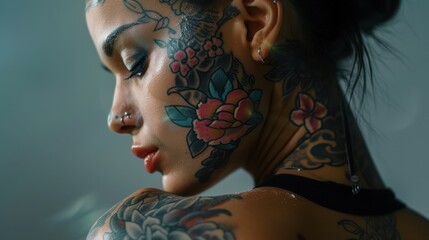 Obraz premium Portrait of fashionable young woman with tattooed body, AI generated image