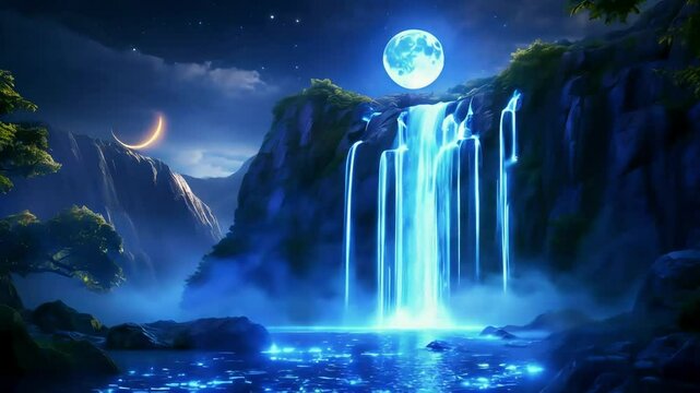 Magical night scene with a vibrant waterfall cascading down rocks under a full moon and crescent moon.