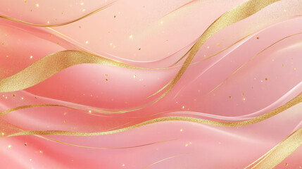 Pink background with abstract golden lines. Vector realistic illustration of luxury color backdrop for cosmetics, fashion presentation, business card, elegant gradient wallpaper with shiny pattern