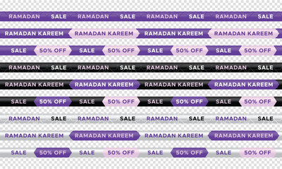 Set of Ramadan Sale banner tapes, ribbons. 50% off Horizontal tapes with sale, discount, mega and Big sale, special offer. Vector illustration