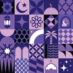 Islamic Ramadan Banner Design in Geometric Mosaic style. Edi Mubarak Mosque and crescent moon greeting card template. Vector illustration