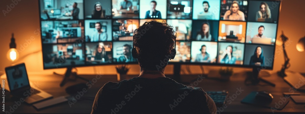 Poster person engaged in a virtual meeting with multiple participants on a wide computer monitor in a cozy 