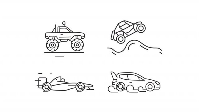 Animated extreme autosport icons. Racing cars line animation library. Rally competition, formula one. Black illustrations on white background. HD video with alpha channel. Motion graphic
