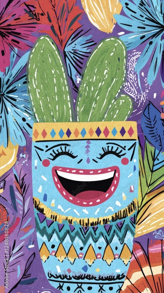 Poster smiling face cactus pot in colorful patterned background