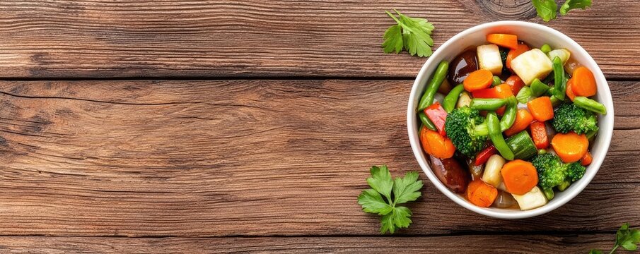 Wellness dining healthy sustainable concept. Seasonal farm-to-table vegetable stir-fry with organic tamari sauce