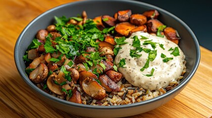 Fototapeta premium Wellness dining healthy sustainable concept. Sustainable wild rice and roasted mushroom bowl with cashew cream
