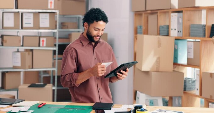 Businessman, receipt and checking order with tablet for logistics, ecommerce or online purchase at warehouse. Man, distributor or employee with technology or invoice for schedule delivery at storage