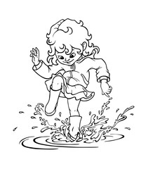 ПечатColoring page with child girl in rubber boots jumping, splashing and stomping joyfully in puddle after the rain in spring, summer or autumn. Happy childhood concept. Hand drawn outline illustratь