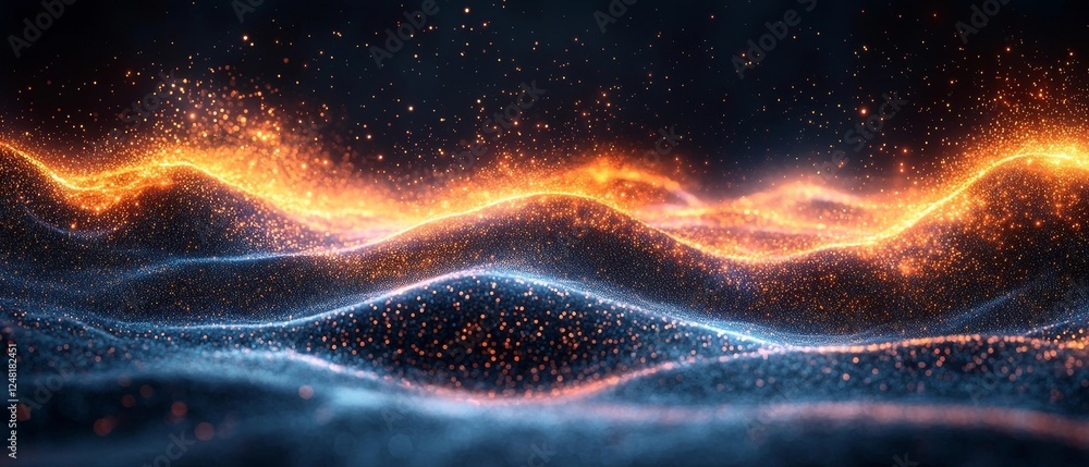 Poster vibrant abstract art of dynamic financial data streams merging into a glowing central graph