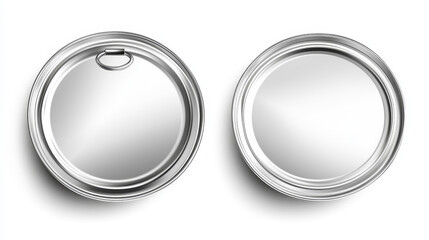 Fototapeta premium Metal tin can for food isolated on white background. Vector realistic mockup of blank round aluminum container with ring pull on lid, open and closed steel canister top view