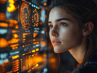 Futuristic Assistant Presenting Real Time Analytics with Glowing Charts and Dynamic Visuals