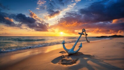Serene Beach Sunset with Vibrant Sky Colors and Anchor on Sand