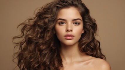 Fototapeta premium Young woman with long wavy hair in serious expression, styled in loose curls against neutral background. Soft lighting accentuates.