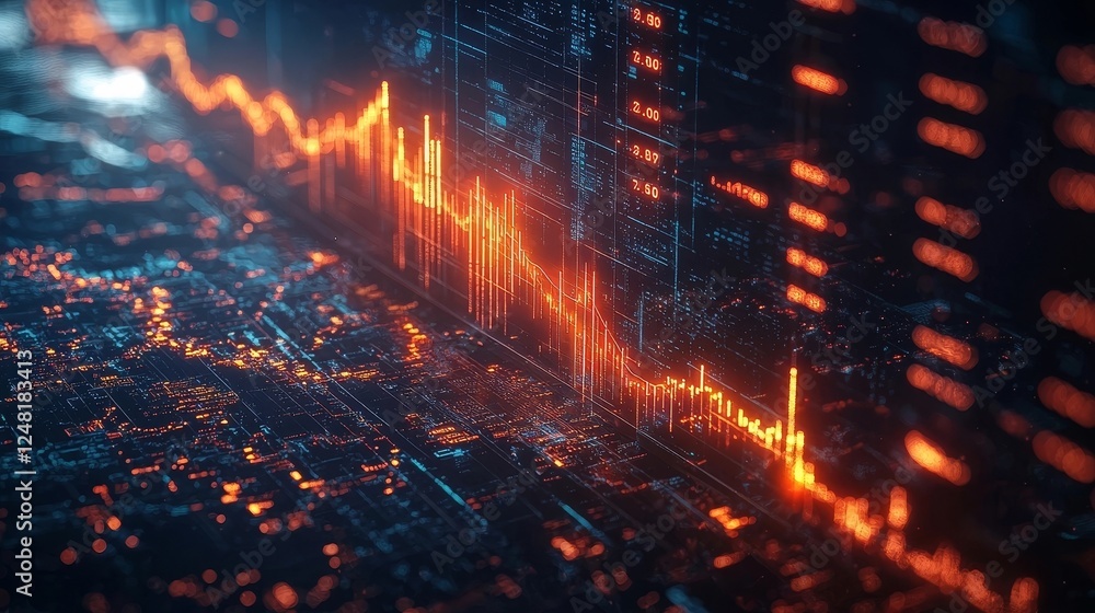 Poster dynamic and vibrant market data visualization with abstract glowing lines and bars
