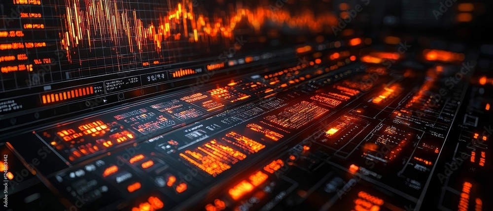 Poster futuristic financial risk analysis visualization with glowing charts and graphs on futuristic screen