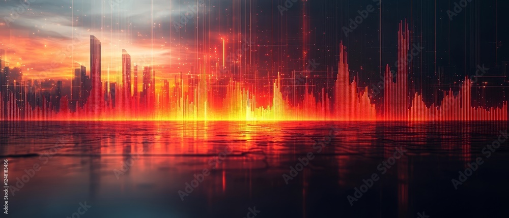 Poster futuristic financial risk analysis with glowing flow charts and graphs on detailed visualizations