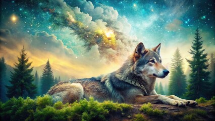 Mystical wolf image, double exposure, surreal nature photography; fantasy wildlife art.