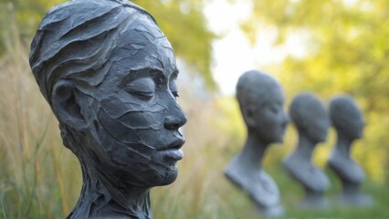 Fototapeta premium Sculpture of Woman's Head in Dark Material with Wavy Pattern, Surrounded by Nature. Peaceful and Serene Pose.