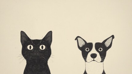 Curious cat and dog portrait, neutral background, friendship theme, website banner