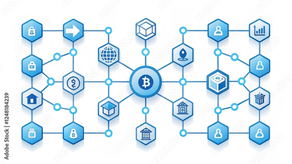 Poster a digital illustration depicting a network of interconnected hexagons, with bitcoin at the center, s